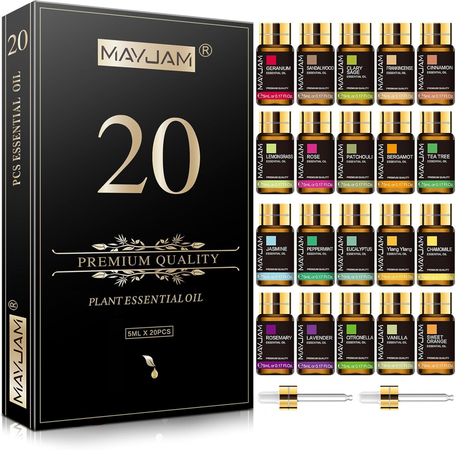 MAYJAM Juego De Aceites Esenciales 20pcs, Set De Regalo De Aceites Esenciales Para Difusor, Humidificador - Lavanda JazmíN Eucalipto Vainilla SáNdalo Naranja Dulce Rosa Bergamota Y MáS