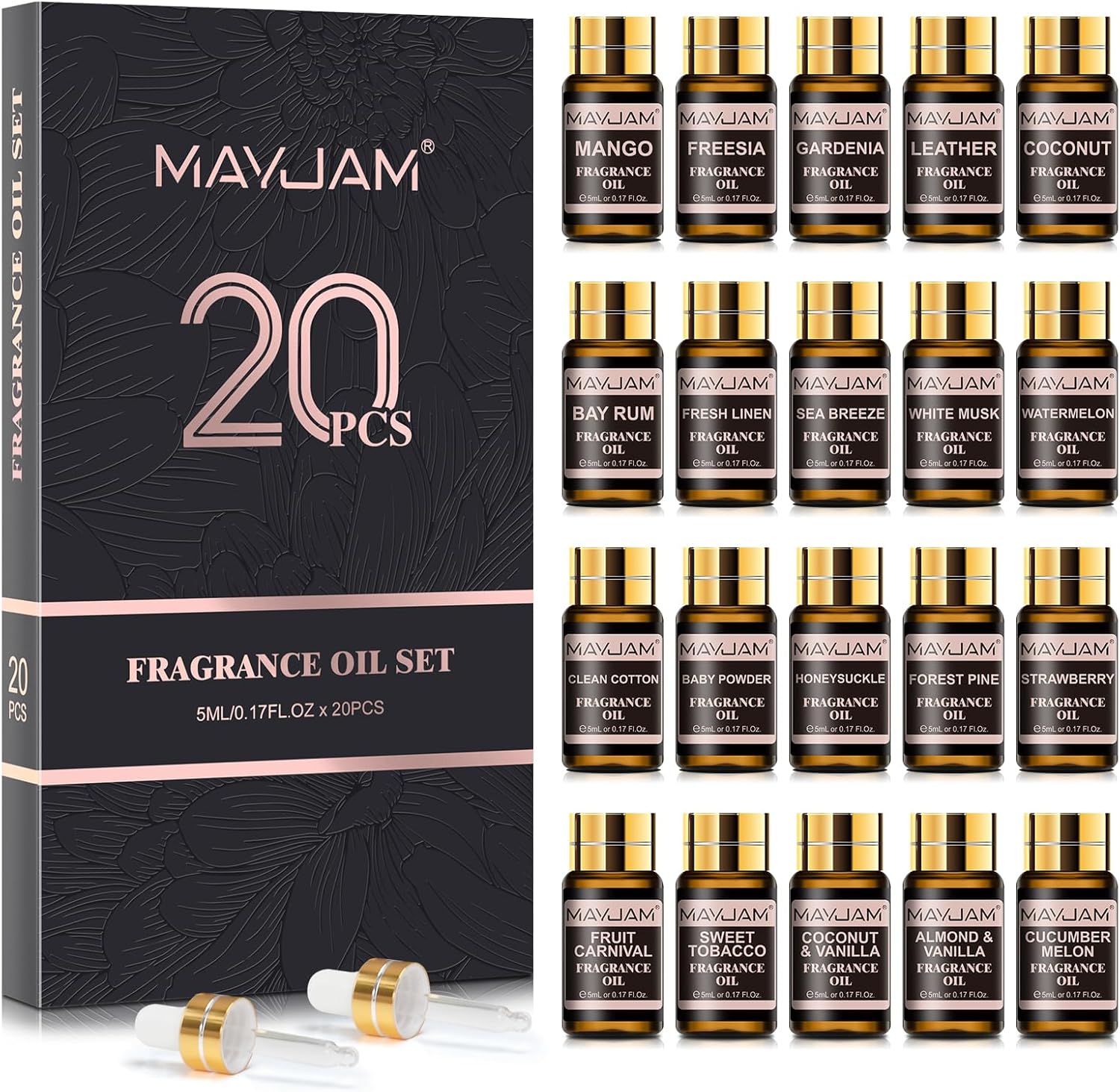 MAYJAM Fragrance Oil Gift Set, Top 20 Essential Oils Variety Pack for Diffusers for Home, Long Lasting Scented Oils for Soap Candle Making - 5ml/0.17fl.oz